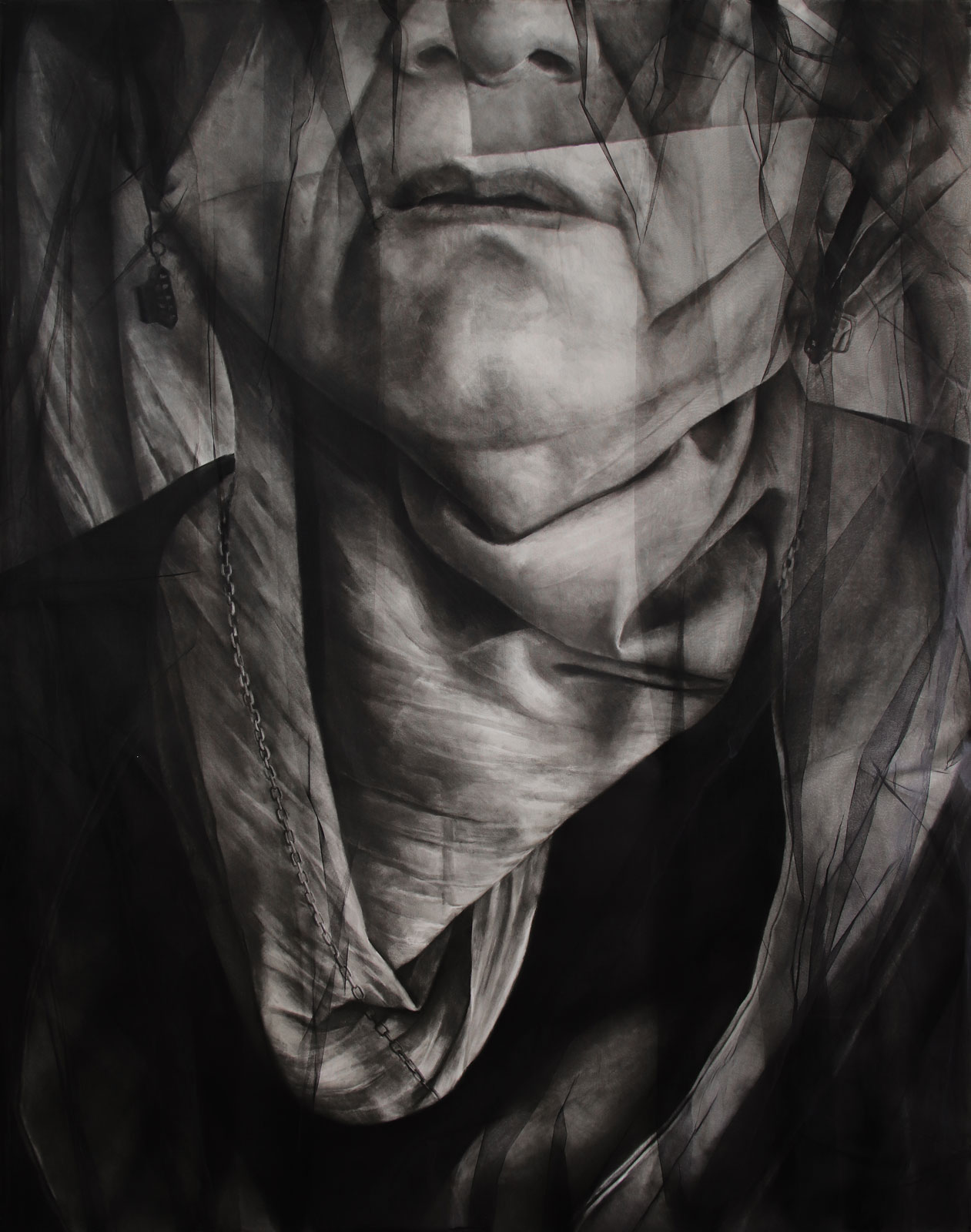 <p>190.150 cm, charcoal on paper & covered by lace</p>